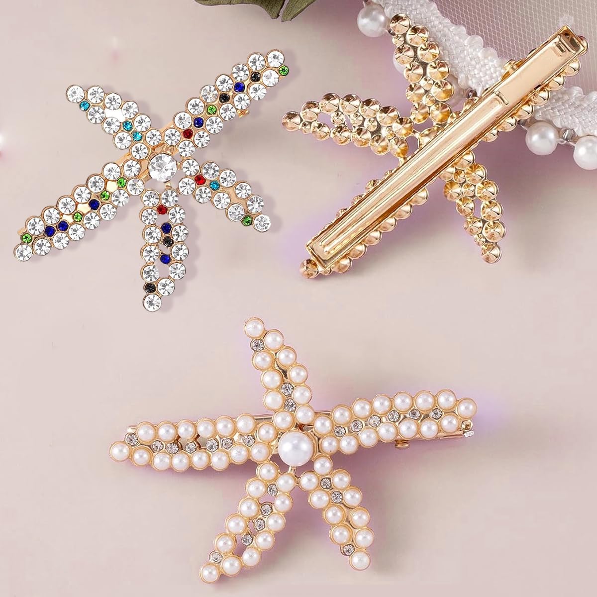 PALAY 3pcs Starfish Hair Clips for Women Stylish Latest Rhinestone Pearls Hair Clip Sea Star Crystal Headpiece Shining Gold Alloy Wedding Hair Acccessories for Girls Bride