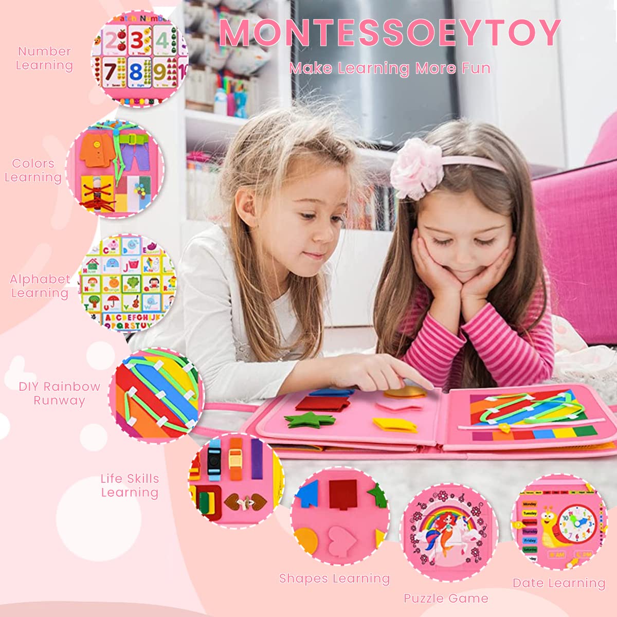 PATPAT Busy Board for Toddlers 2-4 Montessori Toys for Toddlers Preschool Life Skill Learning Toy Fine Motor Silll Learning Game Board, Rainbow Unicorn Travel Busy Board Toy Gift for Kids