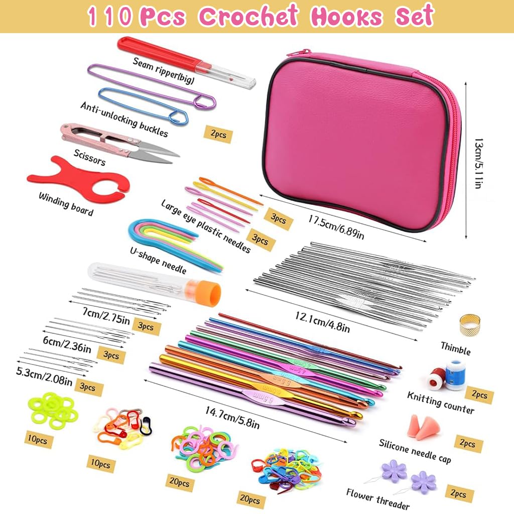 HASTHIP 110 Pcs Crochet Hooks Set, Crochet Hooks Set with Case, Coloured Ergonomic Crochet Hooks and Crochet Needle Accessories, Crochet Needles Kit for Beginners and Crochet Hook Lovers
