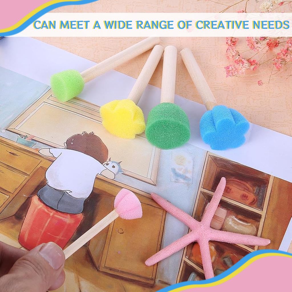 HASTHIP 14Pcs Sponge Art Supplies - 7-Color Acrylic Paint, Diverse Brushes & Rollers, DIY Sponge Art Creative Painting Brush Mixed Shaped Sponge Painting Stick Sponge Art Painting Brush Paint Rollers