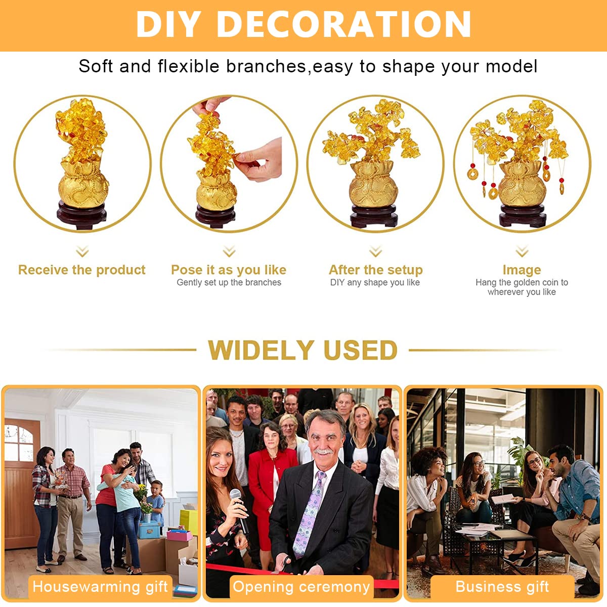 HASTHIP Feng Shui Tree Crystal Tree of Life, Good Luck Items for Home Decor, Golden Money Tree with 6 Hanging Coin Charms, Crystals Decoration Ornament Sculpture (19X18X8cm)