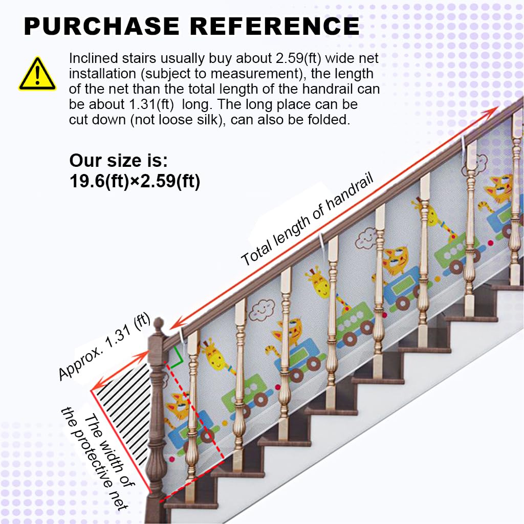 SNOWIE SOFT Baby Safety Net Guards Stairway Rail Net Thicken Polyester 19.6 ft Long 27.1 Inches High Stairway Baby Guards with 75 Nylon Zip Ties Ropes Safety Net for Stairway, Patios, Balcony