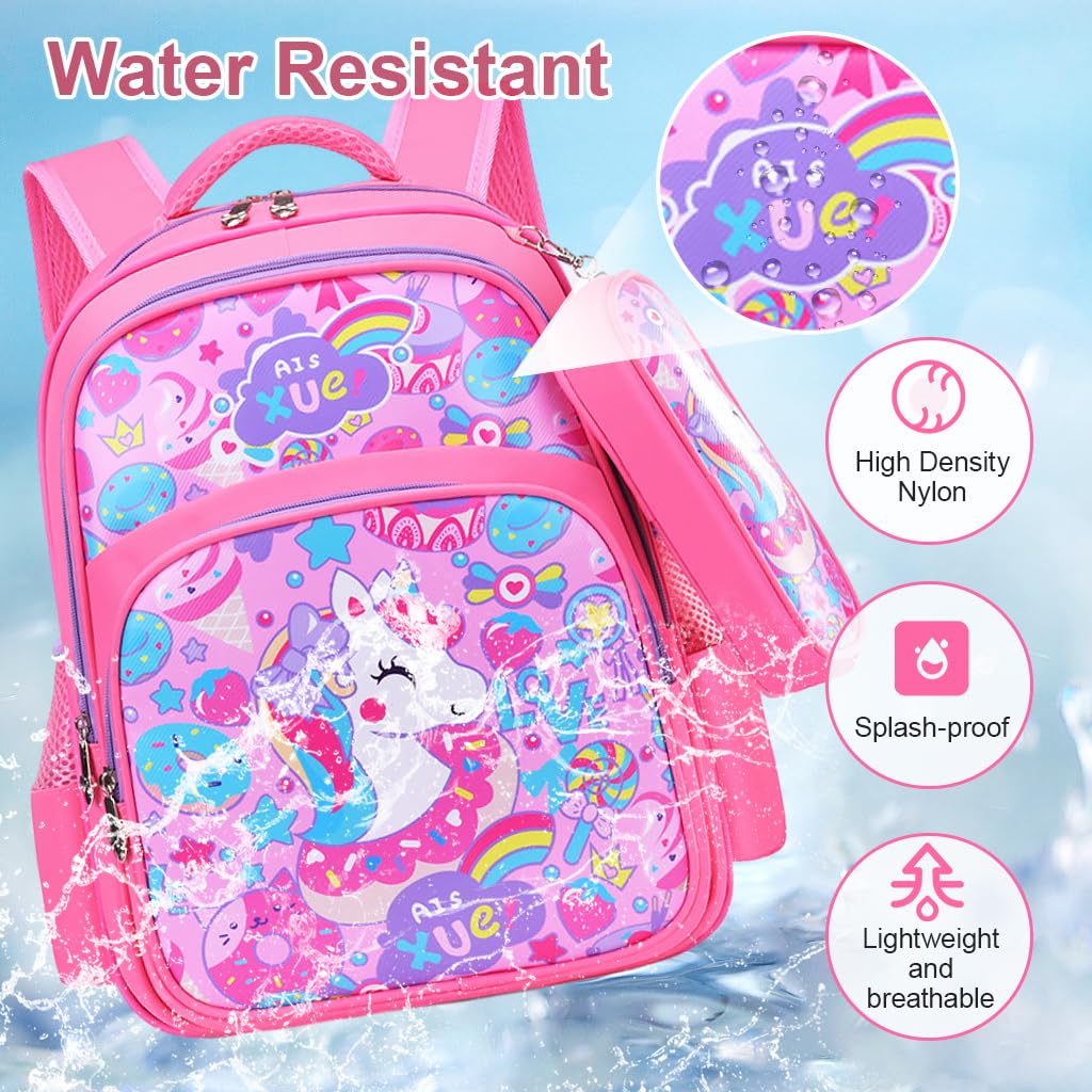 PALAY School Backpack Pencil Pouch Pink Unicorn Print School Backpack for Schoolgirls, Waterproof Backpack for School, Travel, Camping Burden-relief Backpack School Gift for Kids 6-8Years Old