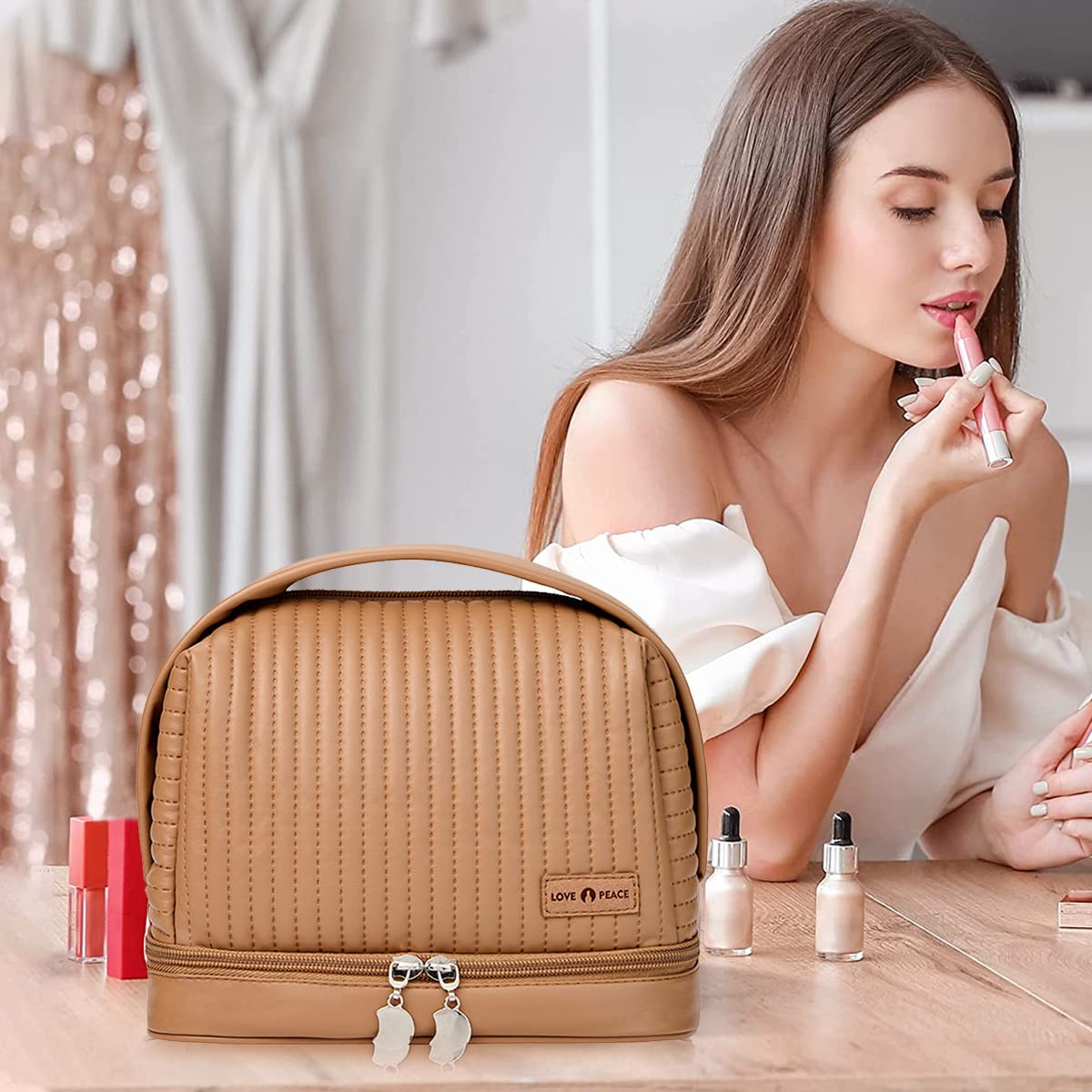 ZIBUYU Womens Toast Cake Cute Cosmetic Organizer Bag,Makeup Pouch for Women,Portable Dry Wet Separation wash Bag,Travel Bag Essential Buggy Bag,Cosmetic Storage,Coffee