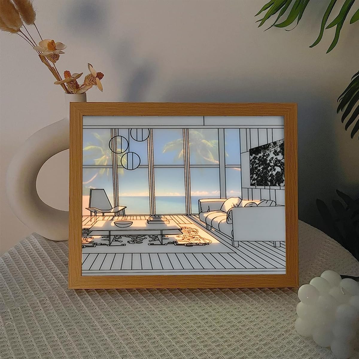 HASTHIP Wooden Framed Art Wall Lighting Painting Decoration, LED Glowing Photo Frame, Adjustable Acrylic Glass Painting Decorative, USB Powered, 3 Lighting Modes, Wall Decor for Home Bedroom (B)