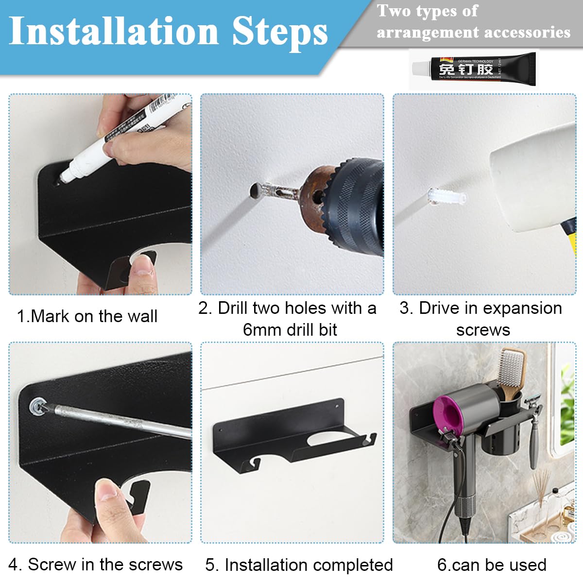 HASTHIP Hair Dryer Stand - Carbon Steel Wall Mounted Hair Dryer Rack with Styling Tool Organizer, Self-Adhesive Hair Dryer Rack for Dyson Hair Dryer, Perfect for Bathroom, Salon & Dressing Room