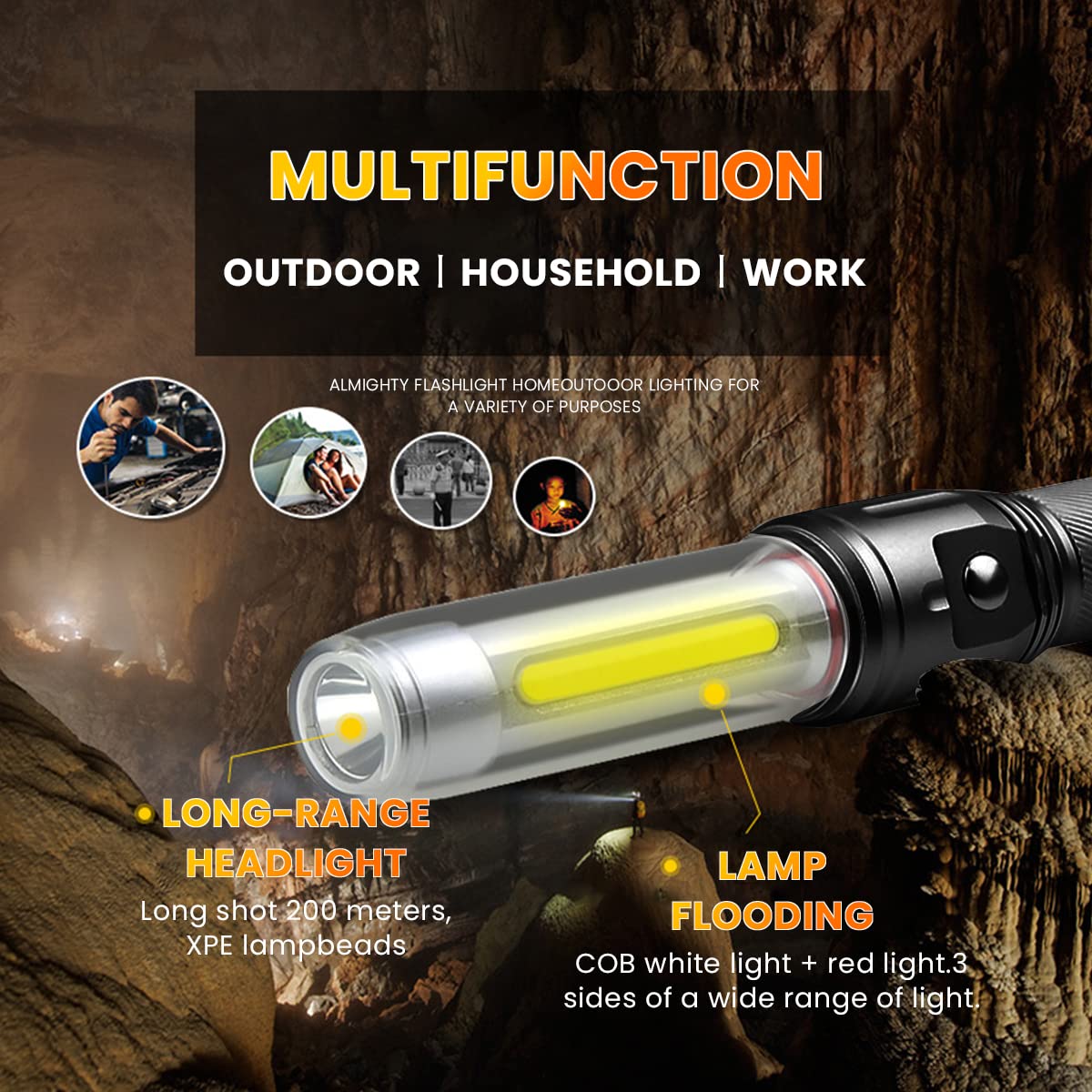 ZORBES LED Flashlight Outdoor Baton,Waterproof Flashlight USB Rechargeable Camping Light Stick with Red Warn Light Magnetic,LED Flashlight for Car Repairing, Emergency