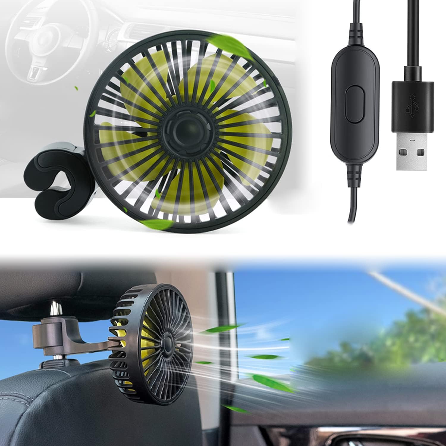HASTHIP® 2 Pcs USB Fan with 3 Speed, Switch Controller, USB fan for Baby, Back Seat Passengers for Car Back Seat, Rotatable USB Fan with USB Cable, Headrest Mounted 5V Mini Fan