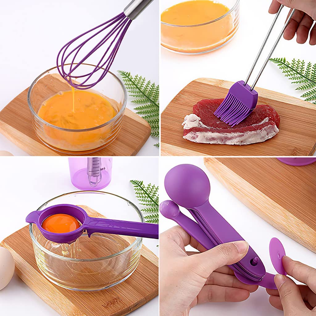 HASTHIP 10Pcs Measuring Spoons Cups Silicone Kitchen Utensils Spoon Set, Include Egg Strainer, Oil Brush, Scraper, Egg Beater, Silicone Cooking & Baking Tool, BPA-Free, Dishwasher Safe (Purple)