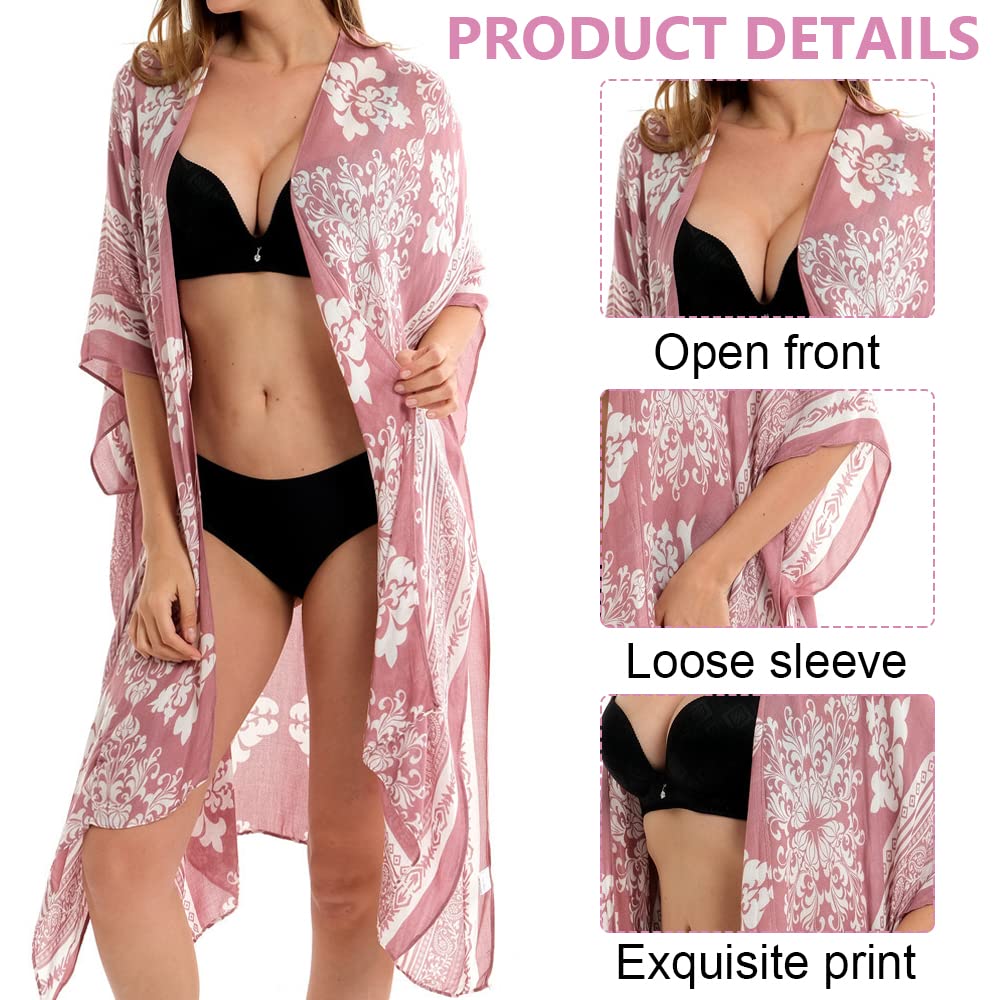 PALAY Women's Coverups for Beach Wear, Floral Print Beachwear for Women, Summer Swimsuits Beach Coverup Cardigan Wrap, Vacation Casual Cover Up for Bikini Swimwear (3/4 Sleeve, Open Front)