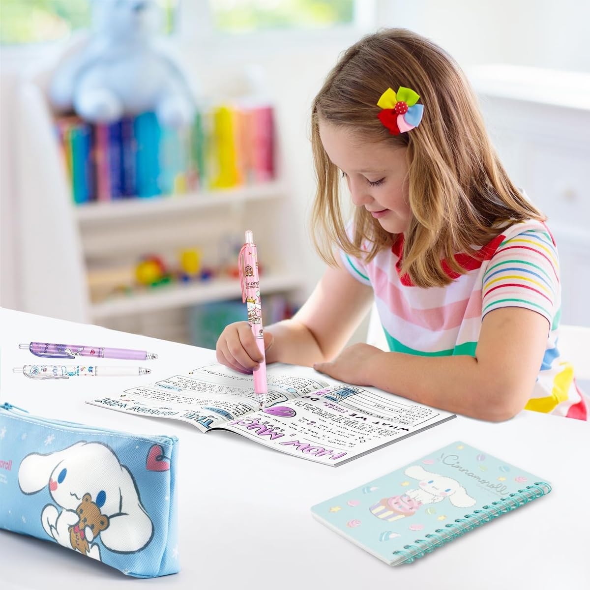 HASTHIP 9Pcs Kawaii Cinnamoroll School Supplies Set, Kawaii Stationeries Supplies Set with Notebook, Pencil Pouch, Click Pens, Assorted Cinnamoroll Cartooon Stickers, Girls School Gift Set
