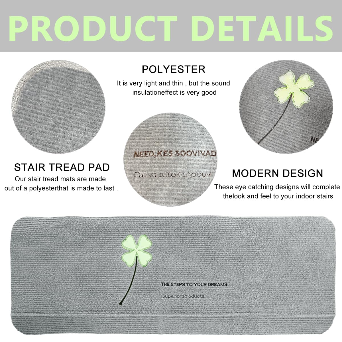 HASTHIP 2pcs Luminous Stair Mat Nonslip TPR Stair Pads for Home Safety Stair Mat Self Adhesive Stair Mat with Glow in Dark Four Leaf Clover Safety Stair Mat for Home Stair Decor, 55 x 22cm