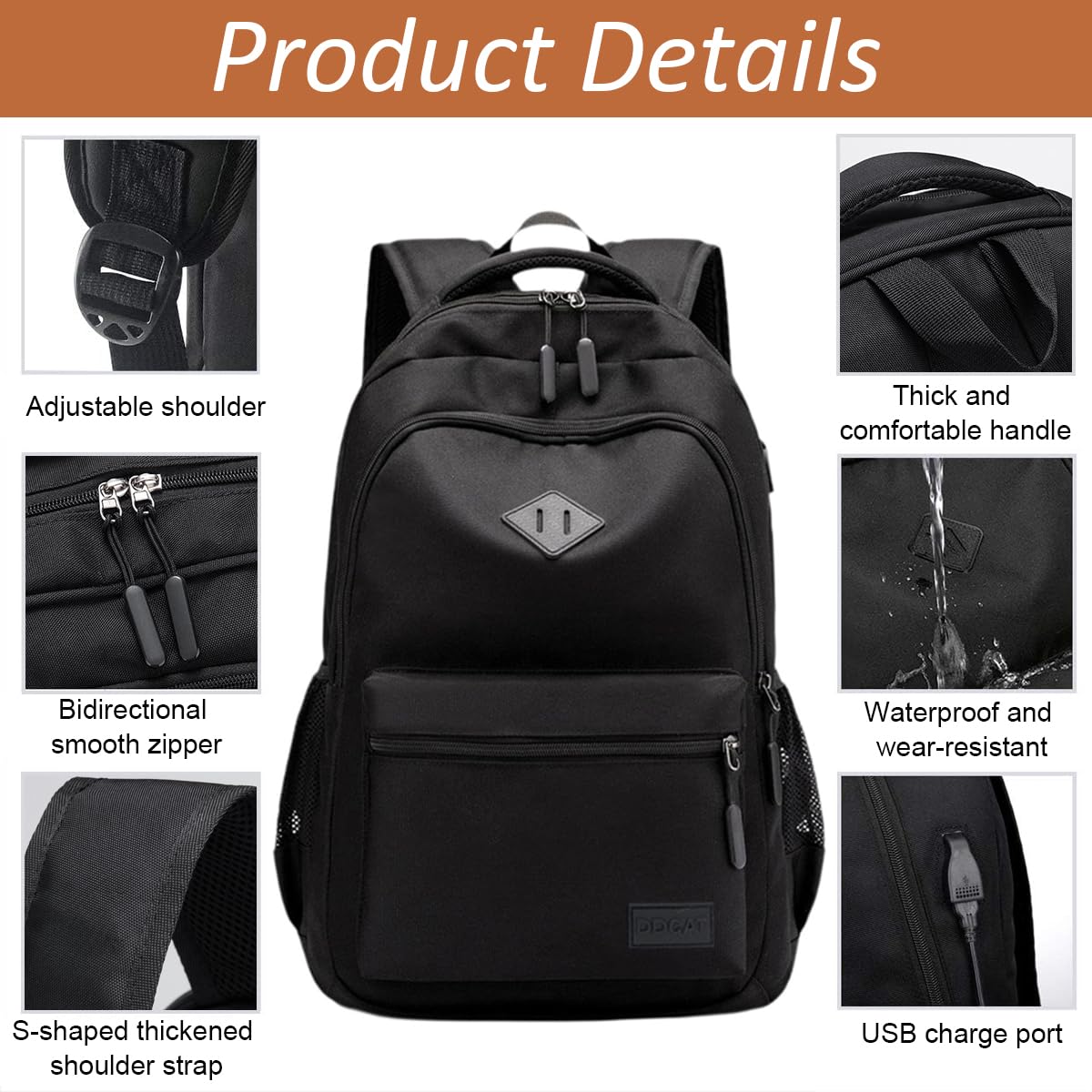 GUSTAVE Large Backpack Multi Compartment Travel Backpack Black Waterproof Oxford Cloth Business Backpack Padded Shoulder Strap Design Laptop Backpack Casual Backpack for School, Travel, 34x17.5x50cm