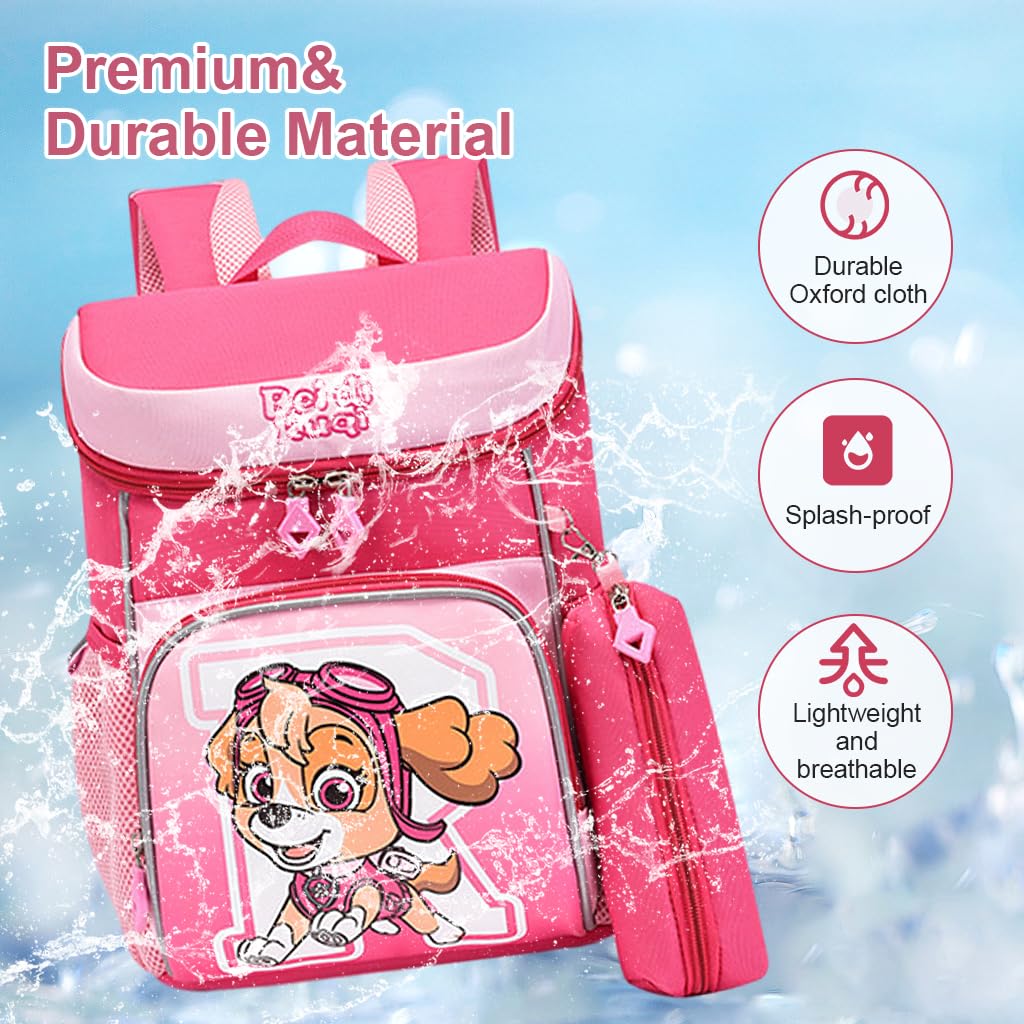 PALAY School Backpack Paw Patrol Schoolgirls Backpack with Pencil Pouch Travel Backpack Pink Sky Cartoon Print Book Bag Gift for Girls School Gift for Kids 5-8 Years Old