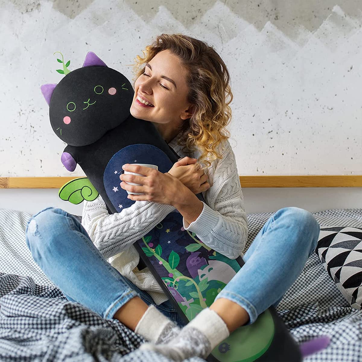 PATPAT 35'' Plush Long Pillow Plush Toy Cute Bed Plush Toy for Kids Cushion Pillow Rest Pillow Comforting Plush Toy on Sofa Bed, Cartoon Kitten Stuffed Plush Toy Pillow Birthday Gift Plush Toy
