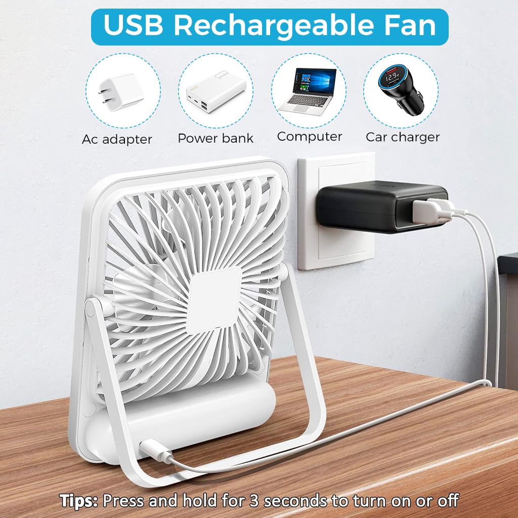 HASTHIP Table Fan - 2000mAh Portable USB Fan with 5 Speeds, Mini USB Desk Fan with Power Display, Ultra Quiet Desktop Fan Suitable for Home Office Travel Desktop Outdoor (White)