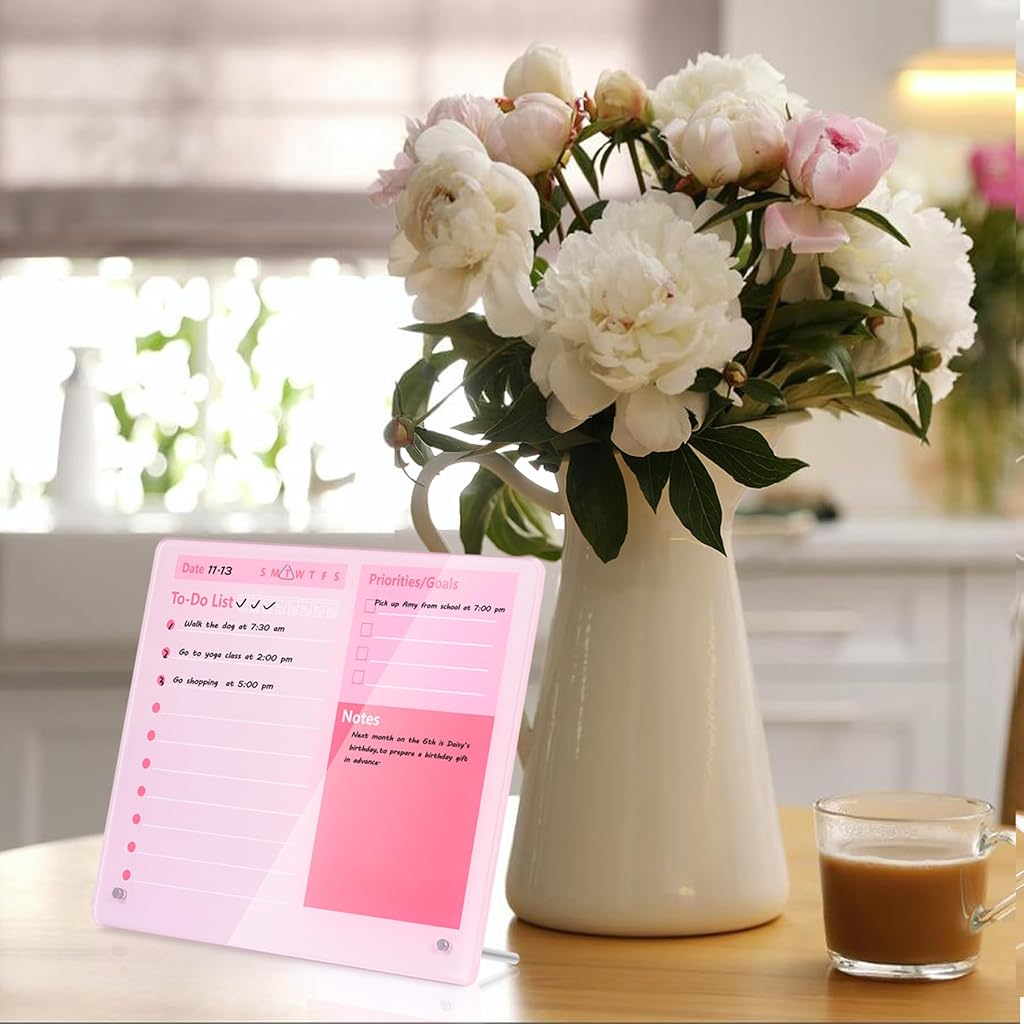 OFIFO® Compact Desktop Dry Erase Board - 12x10 Inch Thickened Acrylic Task Planner with Stand, Space-Saving Pink Memo Board for Home Study & Office Work-Pink