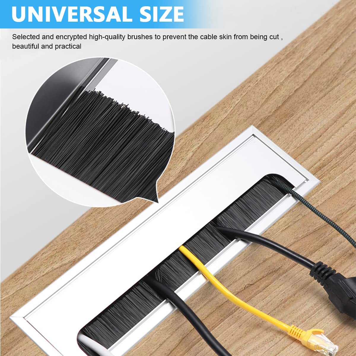 HASTHIP Rectangular Wire Cable Hole Cover with Dust-Proof Brush, Aluminum Metal Cable Organizer, Wire Manager for Table, Desk Hole Cap for Office and Computer Desks (280mm*80mm, Silver)