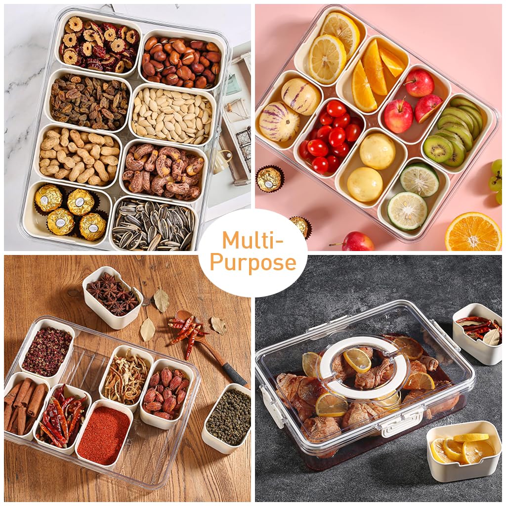 HASTHIP Kitchen Seasoning Powder Box Divided 8 Compartments Storage Box with Lid & Handle Transparent Seasoning Storage Box Food Grade PP Seasoning Powder Box Moisture-proof Kitchen Storage Box