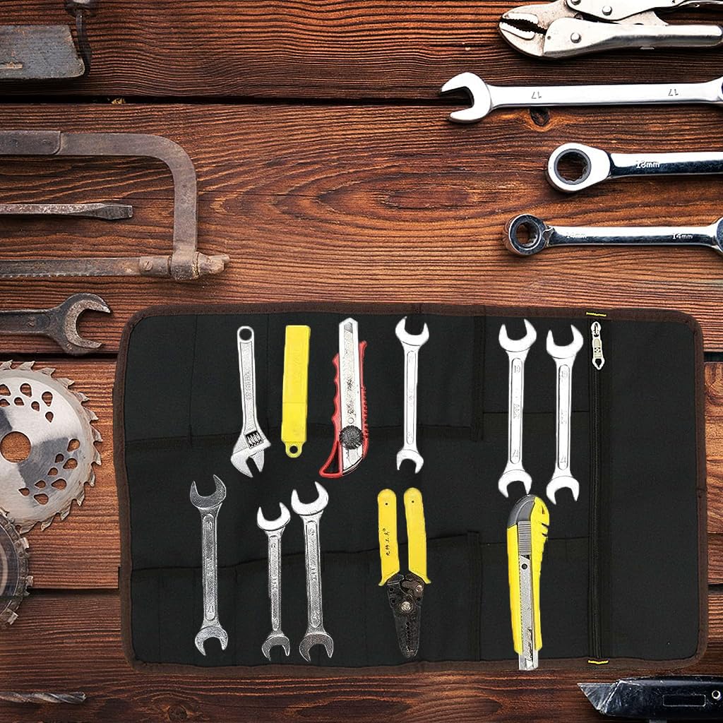ZIBUYU Tools Bag 22 Pockets Tool Bag for Technician Electrician, Black Roll Up Storage Pouch, Waterproof Oxford Fabric Portable Screwdriver Spanner Tool Wrap Roll Organizer with Lift Handle