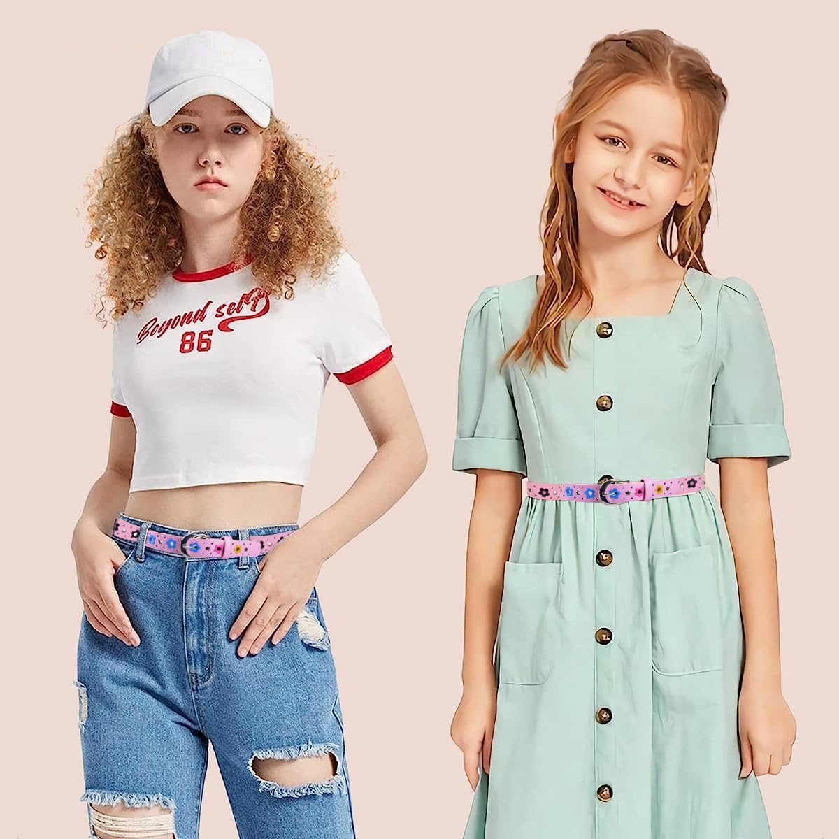 PALAY 2 Pack Belt for Girls, Stylish PU Leather Girls Belt, Flower Hollow Cut Waist Belt for Jeans Pants Dress for Kids Girl 6-12 Years Old