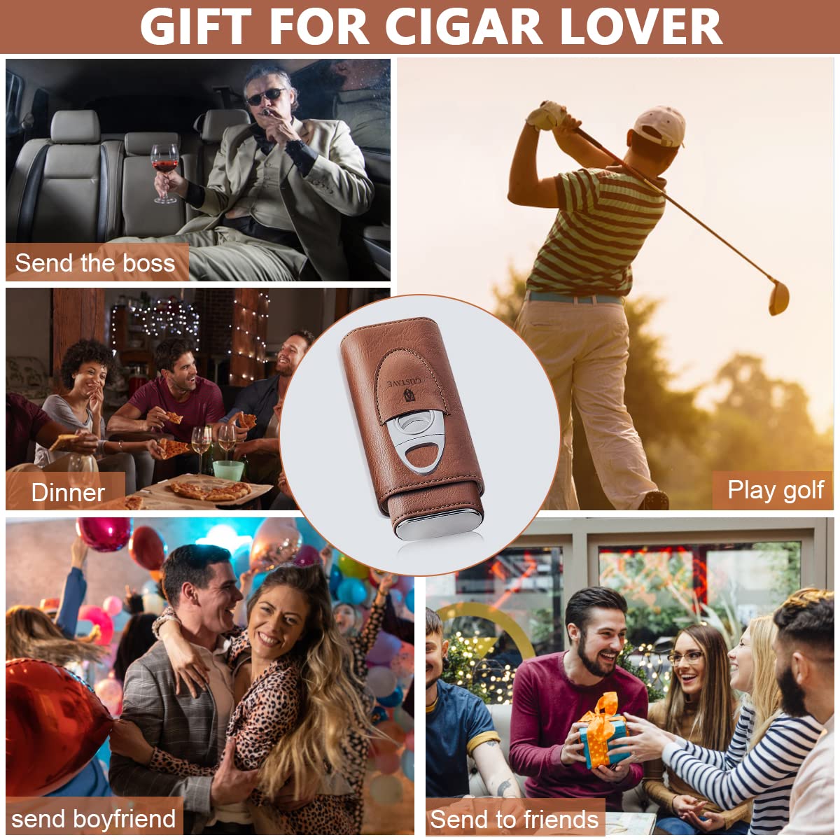 GUSTAVE Cigar Case, Holds Up to 3 Cigars, Cedar Wood Lining Travel Cigars Case, Leather Cigar Case with Stainless Steel Cigar Cutter, Cigar Gift Set for Man (2PCS)