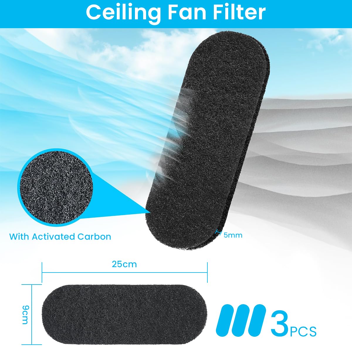 HASTHIP 3Pcs Ceiling Fan Filters for Blades - 25cmx9cm Activated Carbon Air Filter Pads, Ceiling Fan Dust Catcher, Charcoal Fan Blade Air Purifier Pads, Ceiling Fan Air Filter for Home & Office