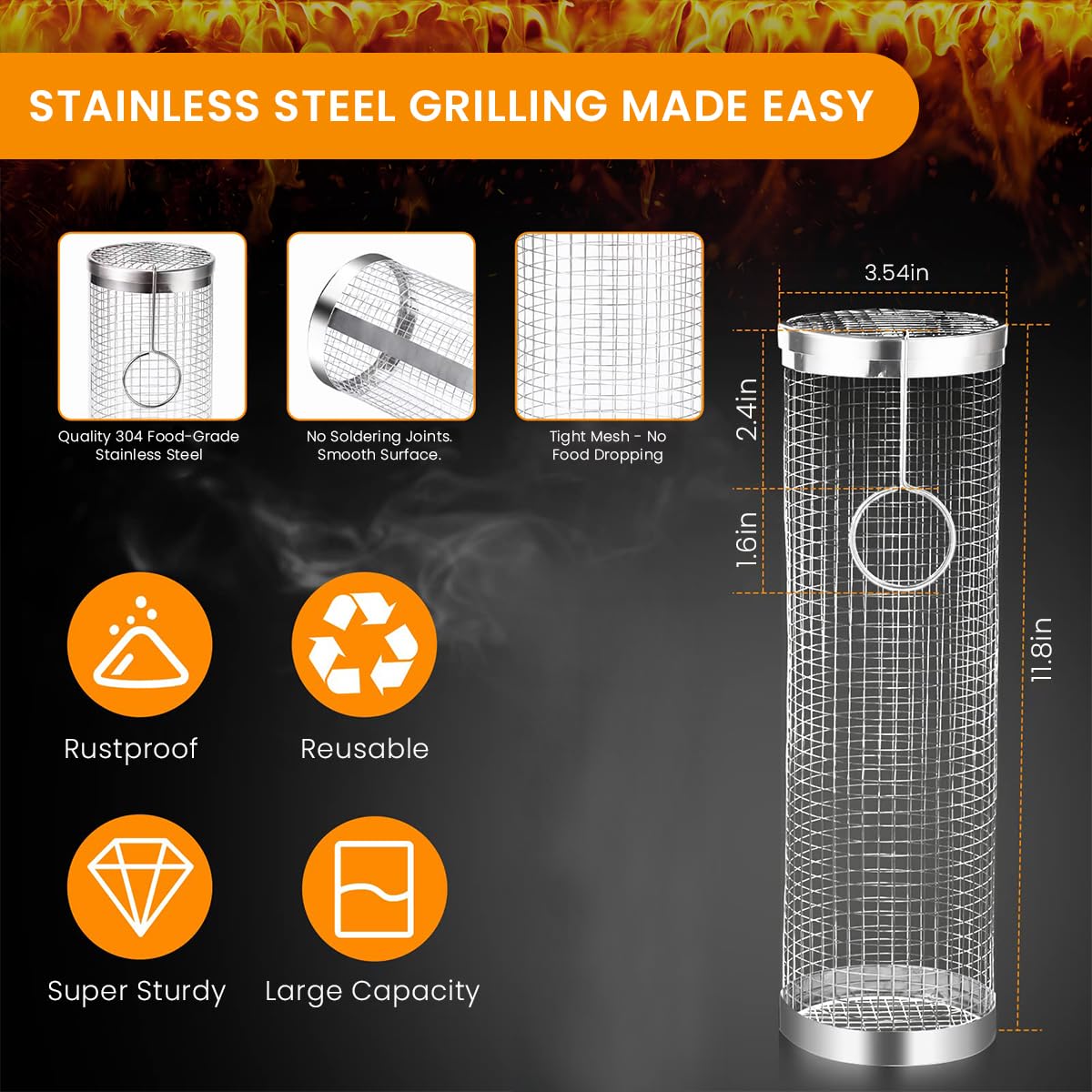 Proberos Grill Basket BBQ Grill Basket Kit 304 Stainless Steel Grilling Basket 11.8 Inches Grilling Tube with Barbecue Fork and Lifting Hook Grill Basket