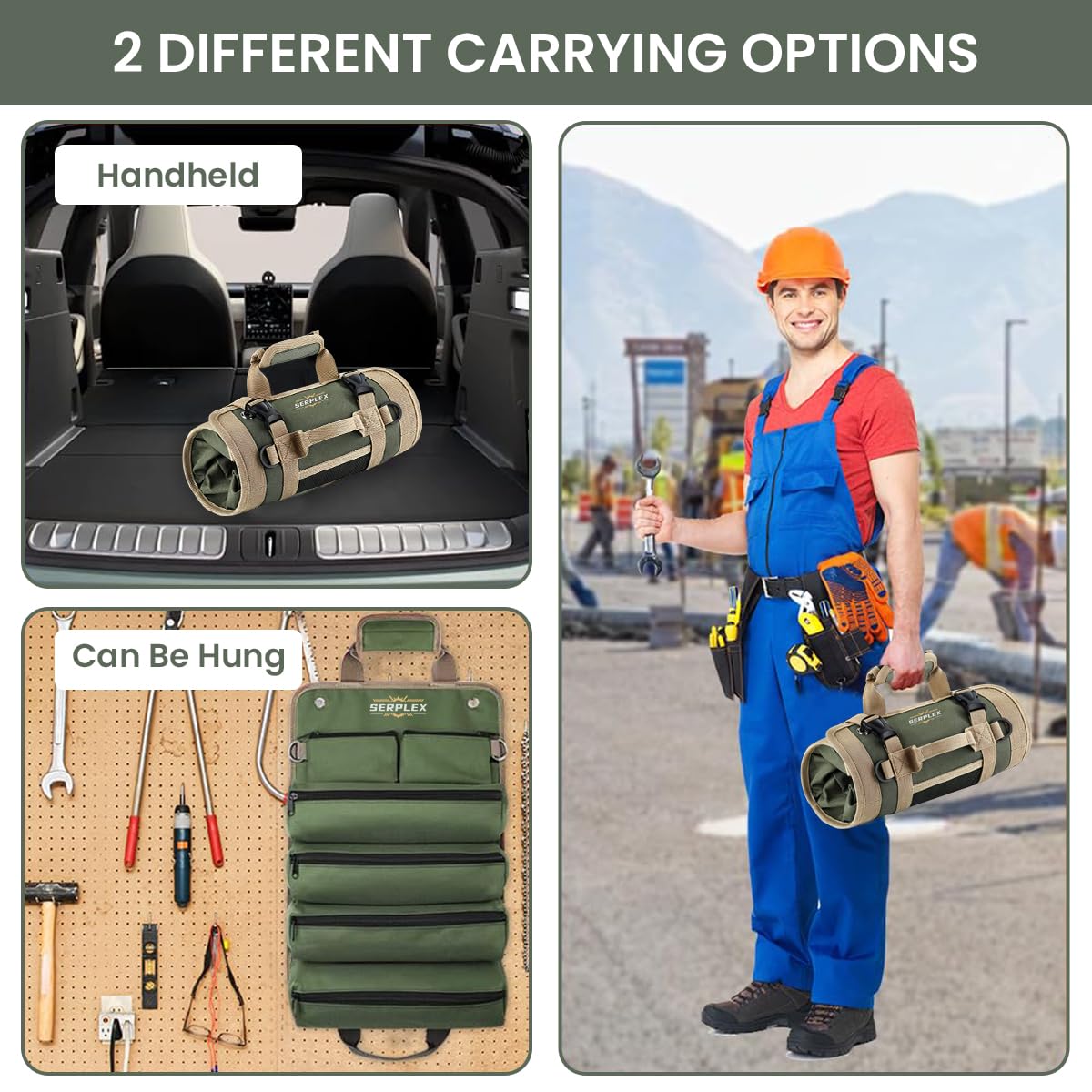 Serplex Tools Bag Portable Roll Up Tool Bag with Handle & Shoulder Strap Multi Compartment Tools Bag with Detachable Zipper Pouch, Multi-Purpose Tool Organizer for Technicians, Mechanics(No Tools)