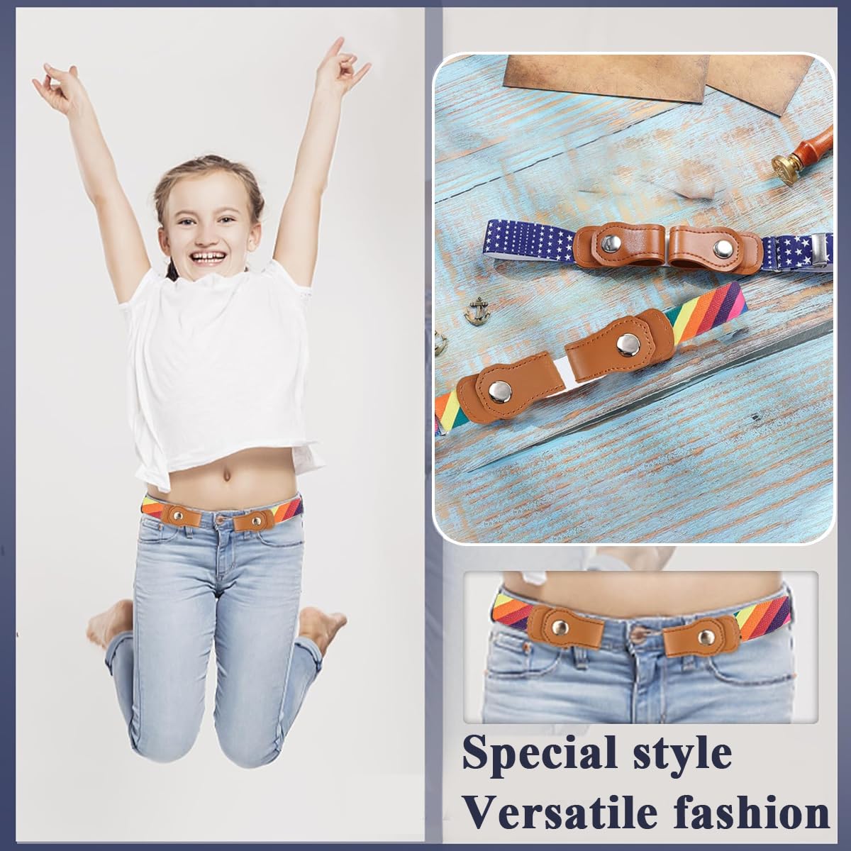 SNOWIE SOFT 2Pcs Kids Adjustable Waist Belt Buckle Free Webbing Nylon Stretchy Jeans Belt with Snap Button Closure Buckle Free Fashion Print Waist Belt for Boys and Girls