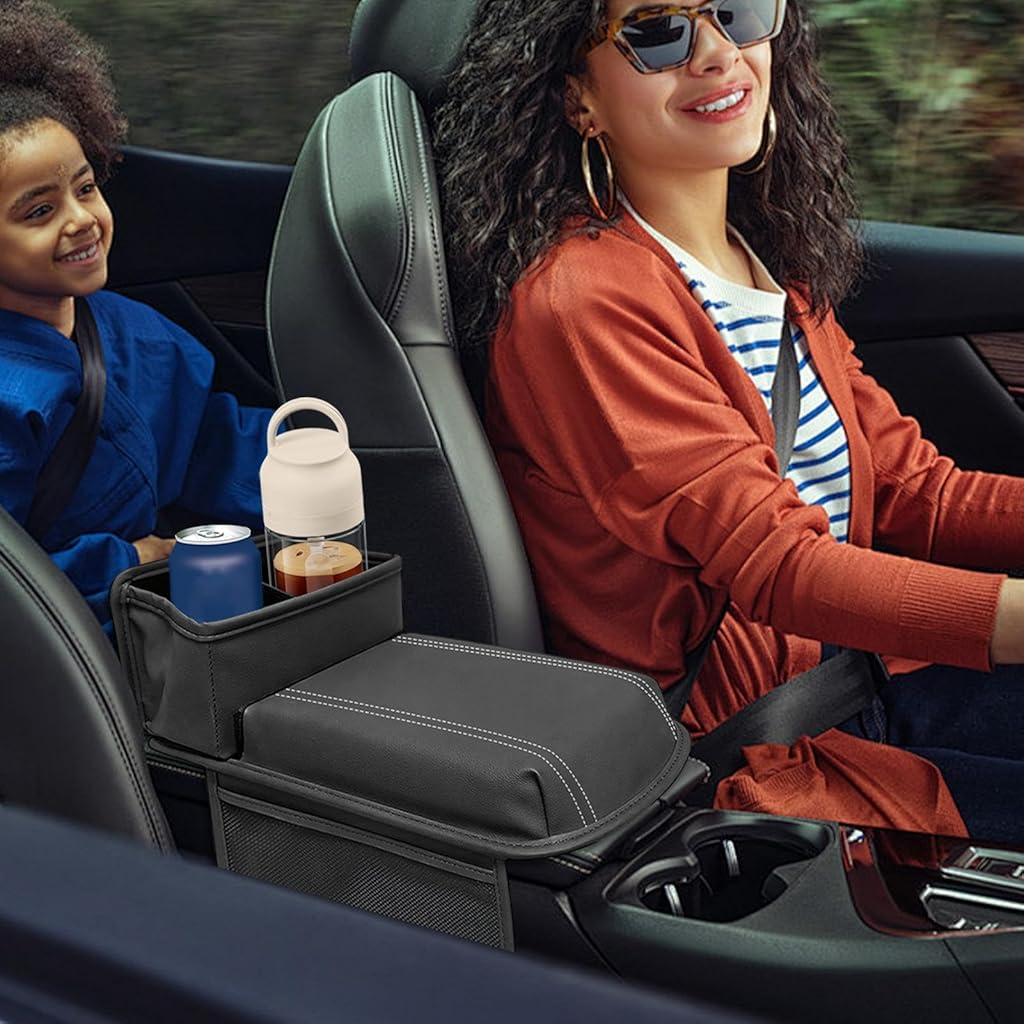 STHIRA® Car Armrest for Center Console Memory Foam Padded Car Armrest Multifunctional Car Armrest Organizer with Dual Cup Holder & Side Mesh Pockets Hook and Loop Closure Car Armrest