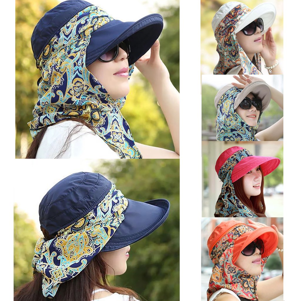 PALAY® Hats for Women UPF 50+ Anti-UV Wide Brim Foldable Sun Visor Hat With Detachable Top & Neck Scarf, Large 14cm Brim, Lightweight Canvas Fabric, Summer Beach Outdoor Protection ( Floral) 2 PCS