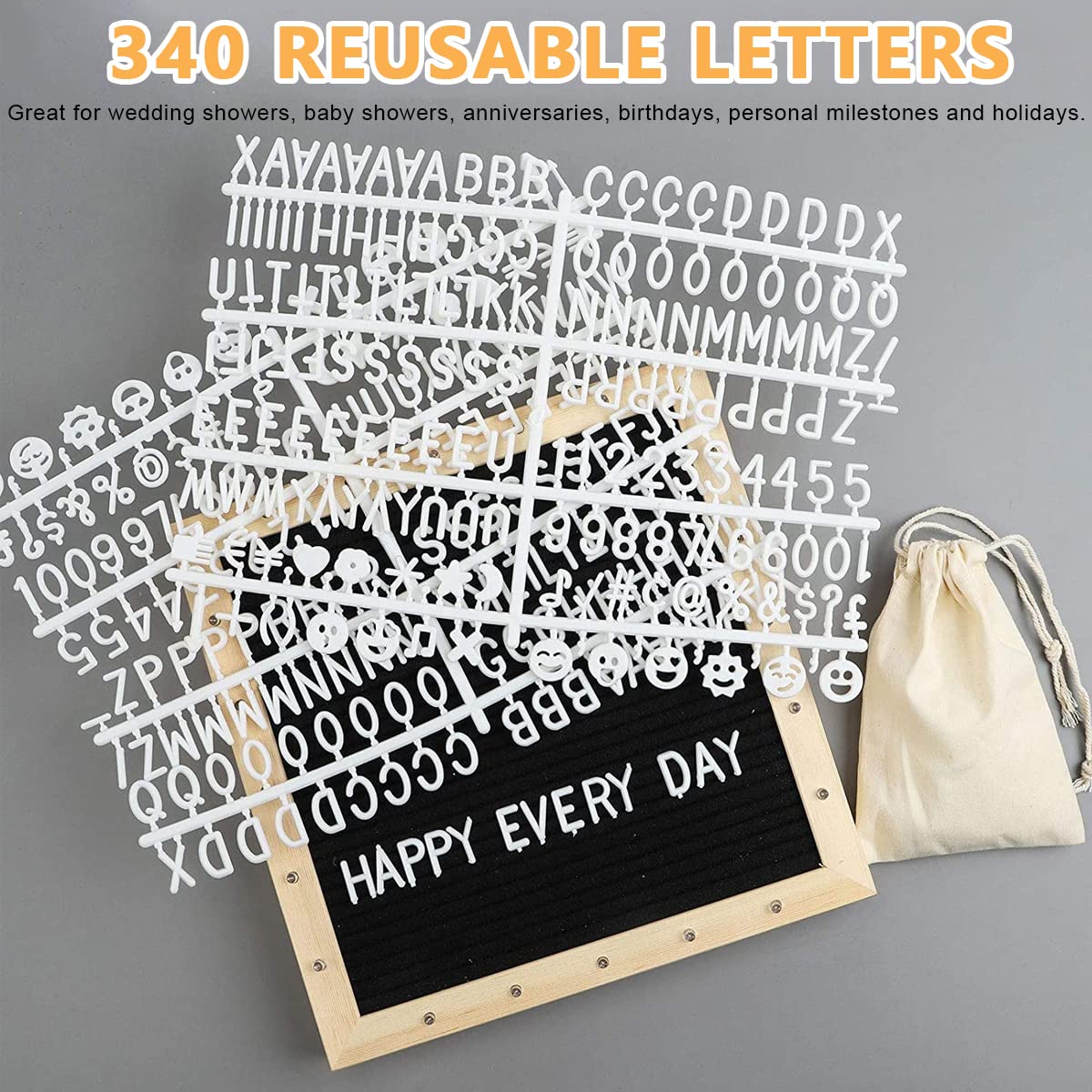 Climberty 10x10 Inches Felt Letter Board with LED Lights for Sign Message, Announcement, Wall Decor, Changeable Message Board with Stand, 340 White Letters & Symbols, Scissors and Drawstring Bag