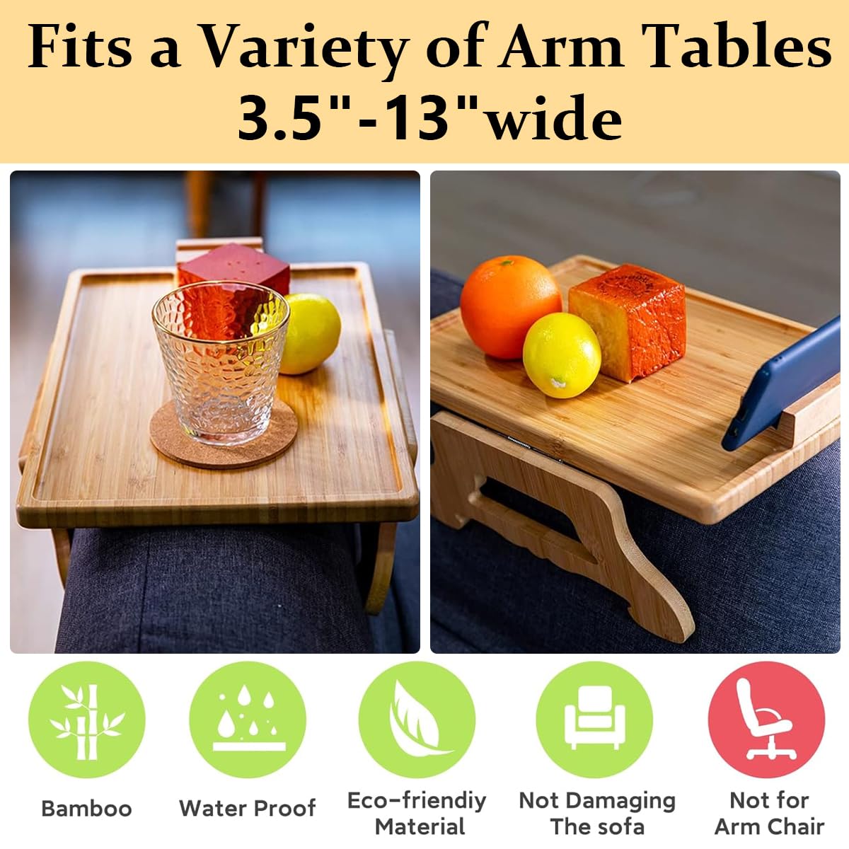 HASTHIP Sofa Armrest Wooden Tray Small Table for Sofa Armrest Folding Foot Wooden Dinning Table Laptop Stand with 360° Rotatable Phone Holder Armrest Table for Work, Relaxing, Reading