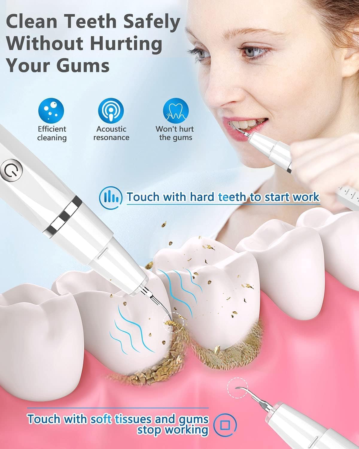 HANNEA Teeth Whitening Kit Electric Tartar Remover with LED, Teeth Stain Remover with 3 Working Modes, Teeth Cleaning Kits With 4 Stainless Steel Bits, Oral Mirror, White