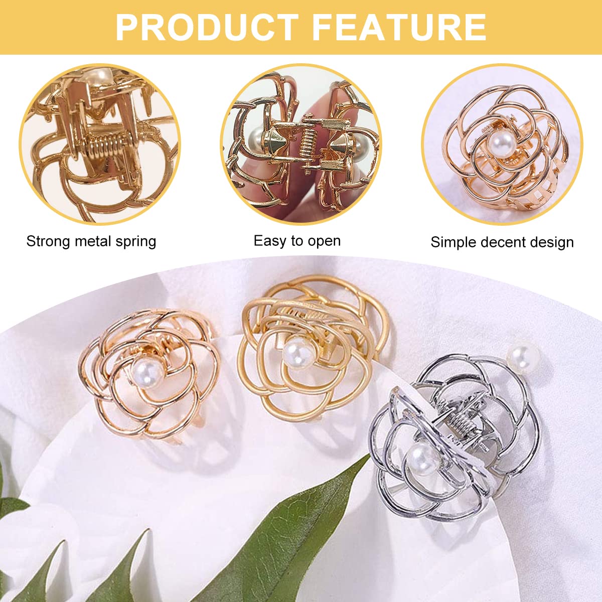 PALAY 4 Pcs Small Hair Clips for Women Stylish Latest Rose Flower Metal Hair Claw Clips, 1.4 Inch Cute Pearl Gold Silver Jaw Clamp, Nonslip Fancy Horsetail Clip Hair Accessories Girls Gift