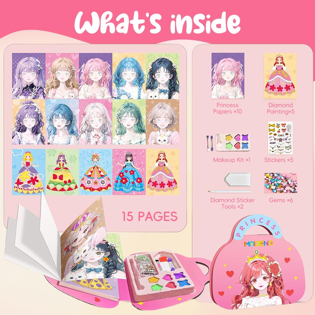 PATPAT DIY Diamond Painting Art Kit for Girls Makeup Game Book Kit with Tools Cute Manga Girls Princess Diamond Painting Art Book Birthday Gift for Girls Art Craft Activity for Kids