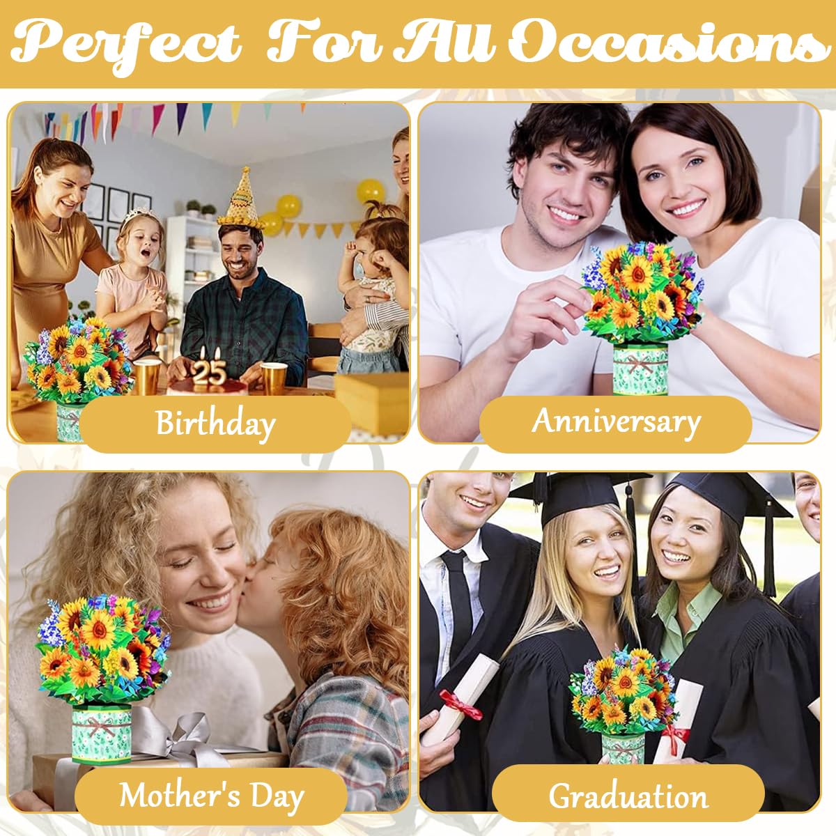 Climberty Greeting Card Pop Up Cards, Thank You Cards, Sunflower Cards, 8.6 inch aper Flower Bouquet Cards, Birthday Cards with Envelopes for Men, Best Friends, Boyfriends, Husband, Wives, Boys
