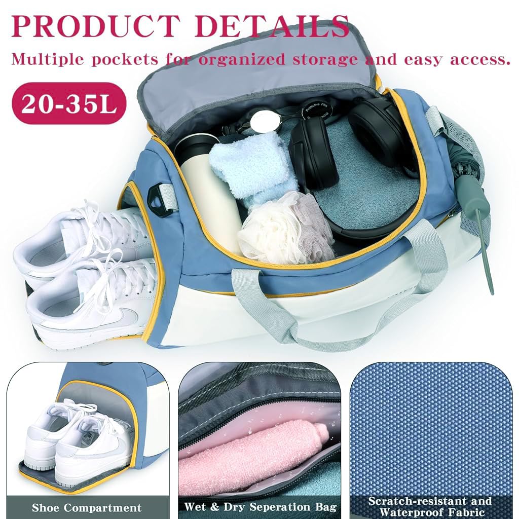 PALAY Gym Bag, Fitness Duffel Bag, Travel Bag Fitness Backpack, 35L Large Travel Bag, Gym Bag with Shoe Compartment Waterproof Oxford Cloth Gym Bag with Reinforced Handle & Shoulder Strap, Blue