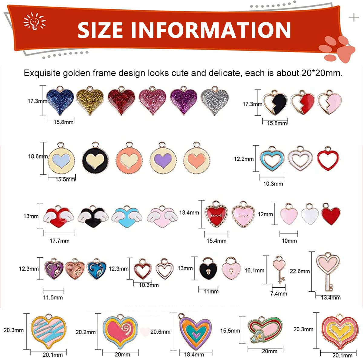 MAYCREATE 50Pcs Enamel Charms for Jewellery Making Heart Shaped Pendants Set Mixed Bulk Metal Earring Charms Necklace Bracelet Charms for Jewelry Making and DIY Crafting