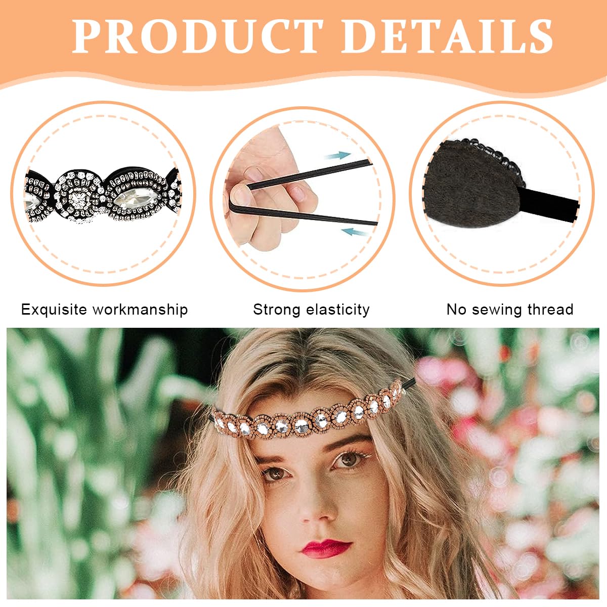 PALAY 2pcs Beaded Headband for Women, Crystal Rhinestone Elastic Hair Bands Fashion Handmade Headband for Girls Ladies Gift