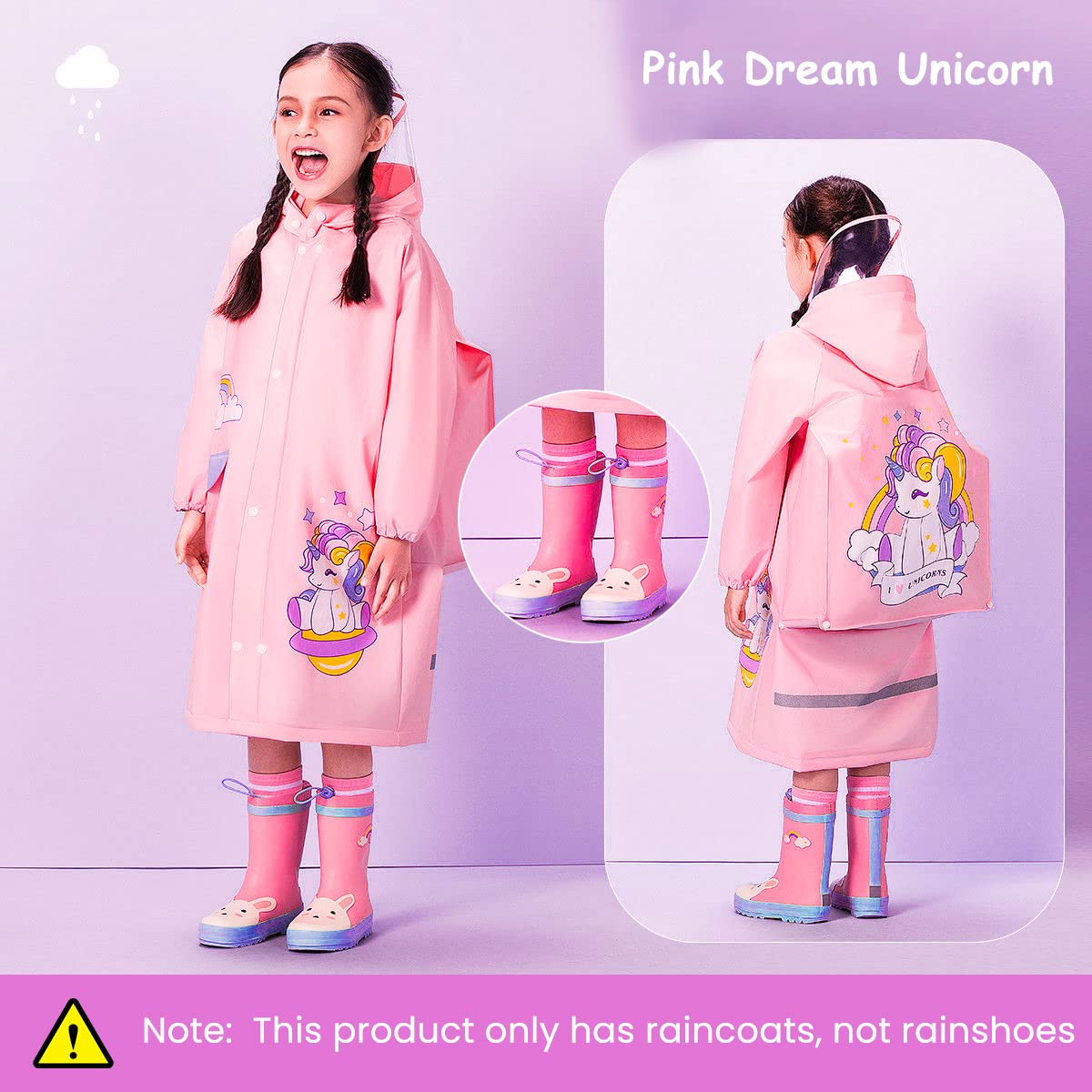 PALAY Raincoat for Kids Boys Girls with Pockets, EVA Hooded Raincoat with School Bag Rain Cover, Unicorn Printed Kids Rain Coat (XL, 115-130cm)