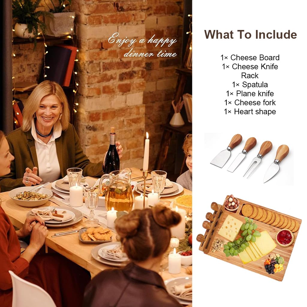 Supvox Cheese Board Platter Set with Utensils Holder Food-Grade Charcuterie Board Tray Square Cheese Platter Board Natural Bamboo Cheese Board with 4 Stainless Steel Cheese Knives 11x14 in