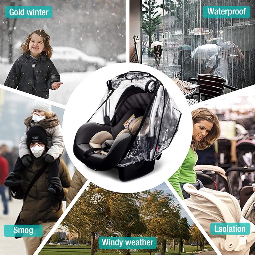 SNOWIE SOFT Infant Safety Car Seat Cover Transparent EVA Infant Car Seat Carrier Rain Cover Breathable Cover with Air Vent Holes & Rolled Up Window Windproof Cover for Infant Car Seat Carrier