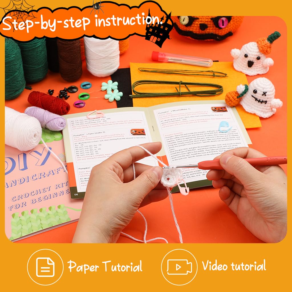 PATPAT DIY Crochet Craft Kit DIY Halloween Spooky Ghost Pumpkin Tree Desk Decoration Beginners DIY Halloween Crochet Material Kit with Tutorials DIY Halloween Ghost Pumpkin Tree Home Decor