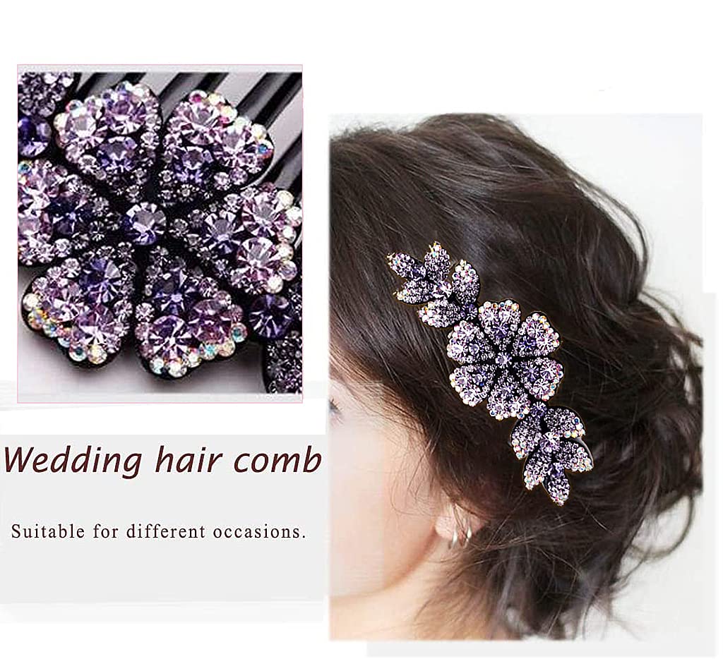 MAYCREATE Hair Clips for Women Flower Hair Comb Pins Slide Hair Clips for Girls Crystal Barrettes Bridal Charm Hair Accessories-Dark Purple