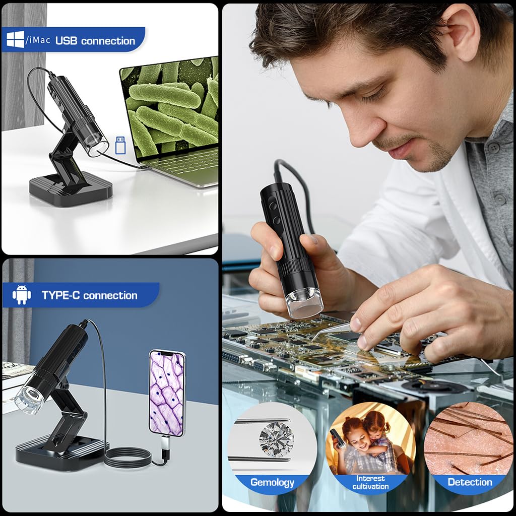 ZORBES Digital USB Microscopes 50X-1000X Zoomable Microscopes for Phone 200W HD Pixels LED USB Microscopes with Upgrade Folding Arm Design Digital USB C Microscopes for Phone, iMac
