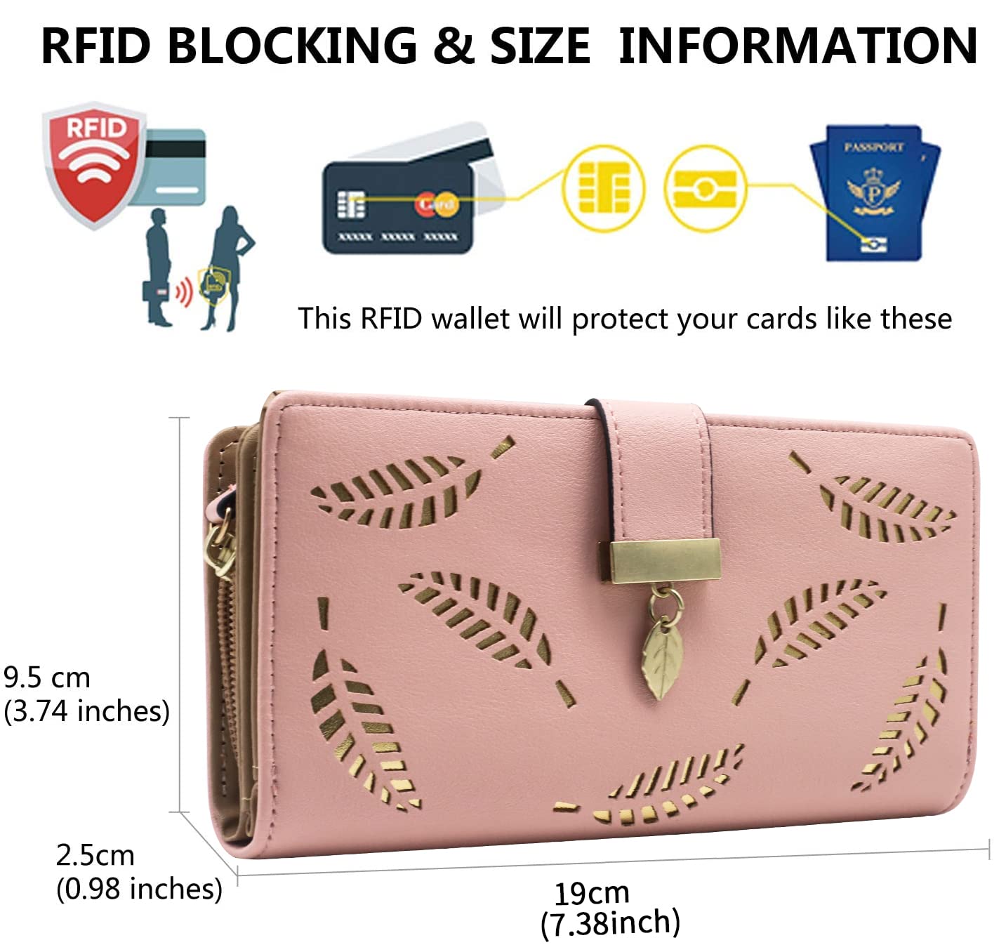 SANNIDHI Women's Leather Wallet Hollow Leaf Pattern Bifold Long Wallet (Pink)