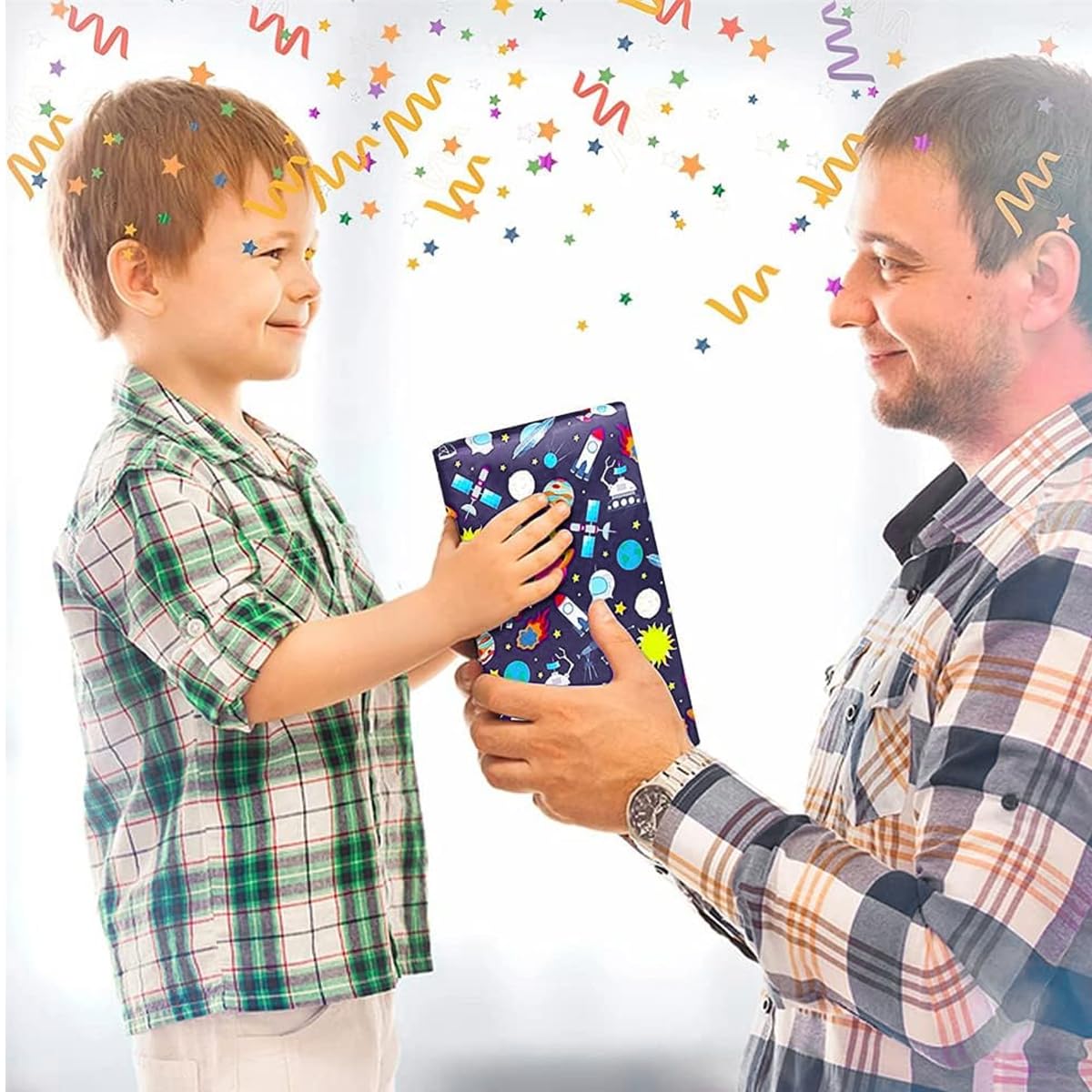 HASTHIP 6 Sheets Birthday Wrapping Paper for Kids Girls Boys Women Men, Outer Space Design Wrapping Paper, Gift Wrapping Paper Set for Birthday Party Holiday DIY Crafts Supplies, 27.6 x 19.7 Inch