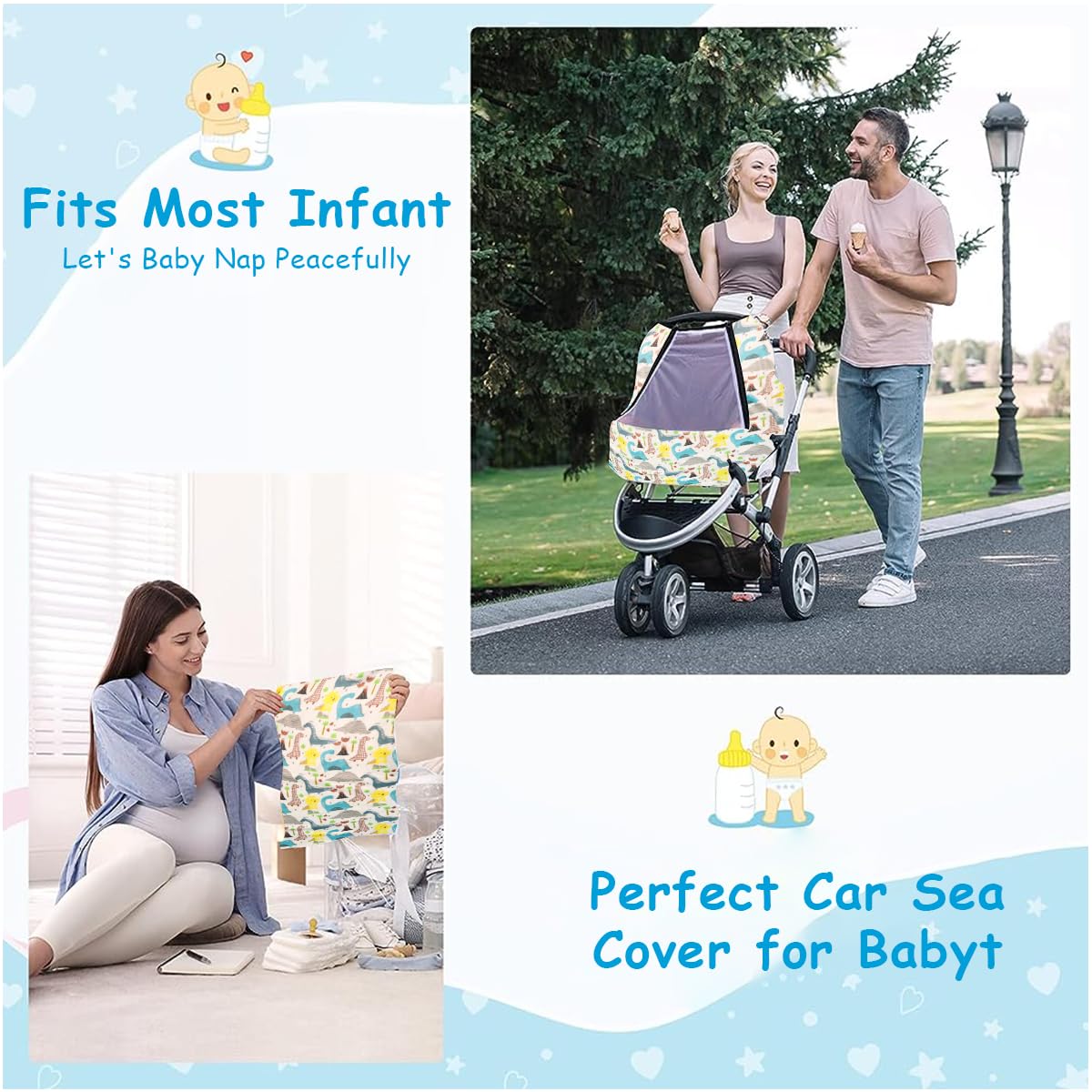 SNOWIE SOFT Baby Car Seat Covers with Breathable Mesh Window, Baby Cart Sunshade Multifunction Baby Stroller Cover Breastfeeding Cover Shawl Nursing Cover Stretchy Stroller Canopy Universal Fit White